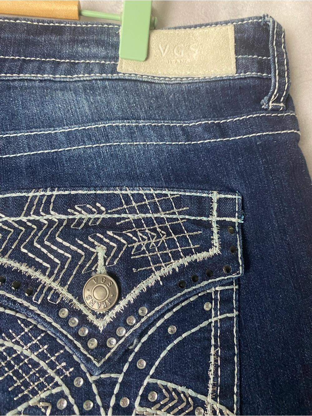 VGS Y2K inspired Slim Bootcut Dark Blue Jeans Embroidered Rhinestone Pocket 12